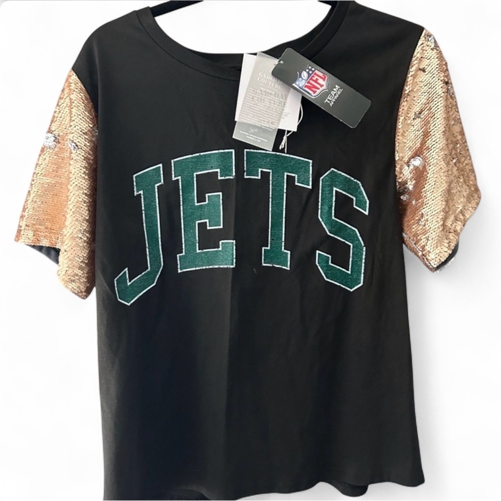 NFL New York Jets Black Tee with Gold Sequin Short Sleeves